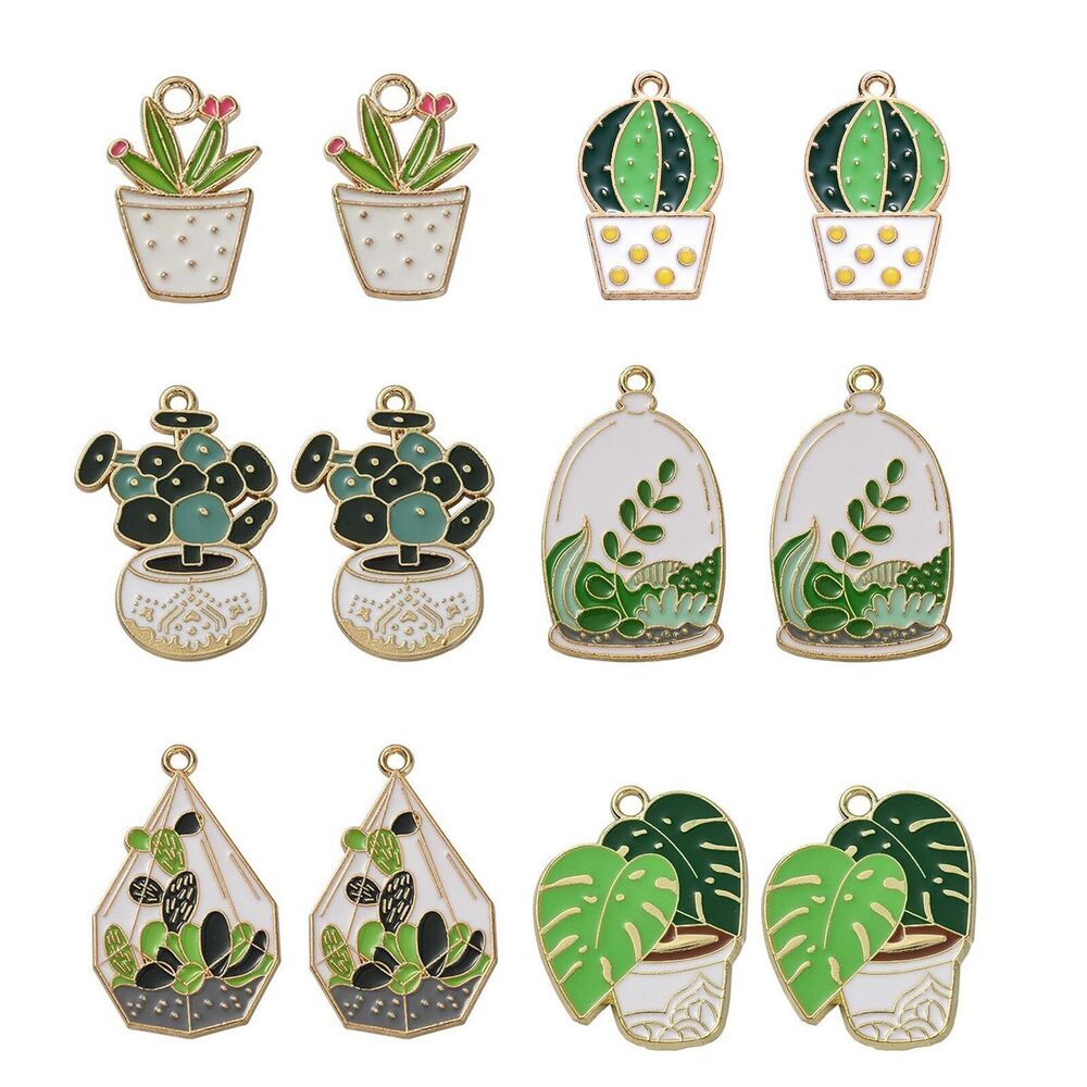 3587 30pcs 6 Styles Enamel Bonsai Potted Plant Charms Green Plant Charms